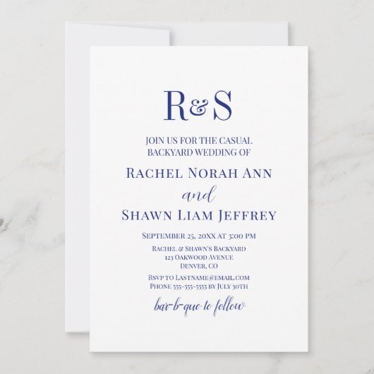 Invitation Jardin de Mariage de Monogramme bleu marine (Devant)