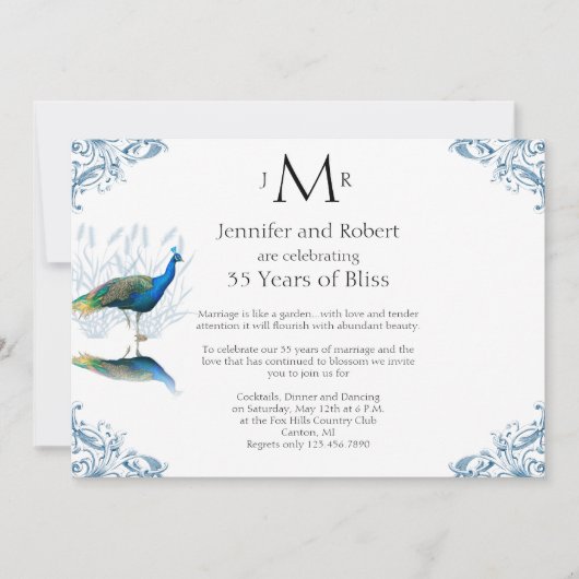 Invitation Jardin de paions pour anniversaire de mariage bleu (Devant)