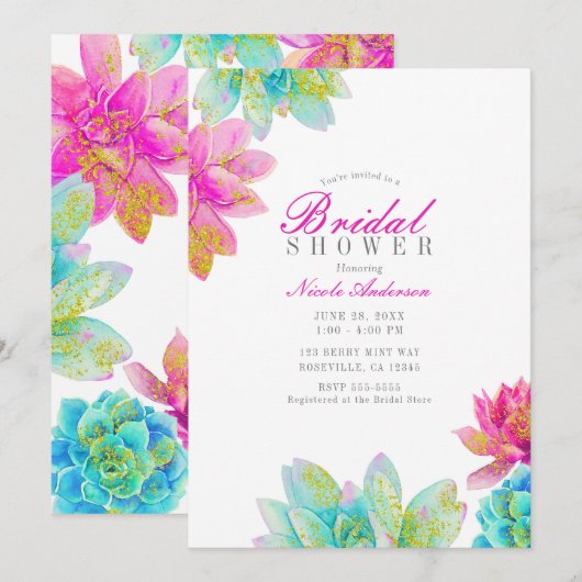Invitation Jardin de Succulentes Rose Clair et Turquoise Fête (Devant / Derrière)