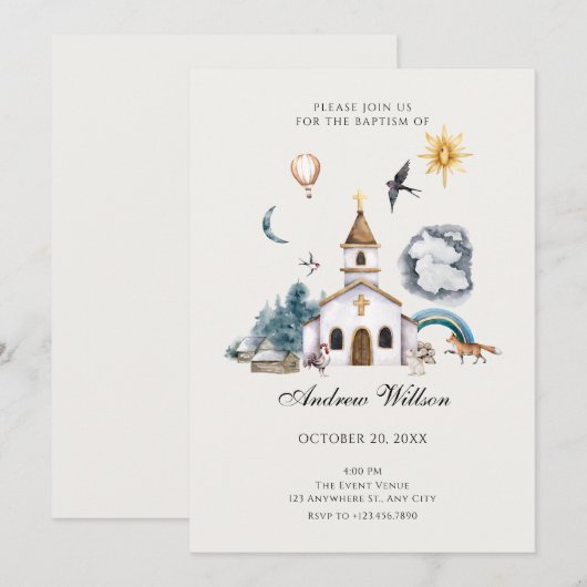 Invitation Jardin d'église de village baptême (Devant / Derrière)