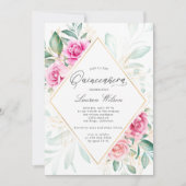 Invitation jardin délicat roses roses rose fleurie Quinceaner (Devant)