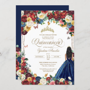 Invitation Jardin des papillons Royal Bleu Rouge Floral Quinc