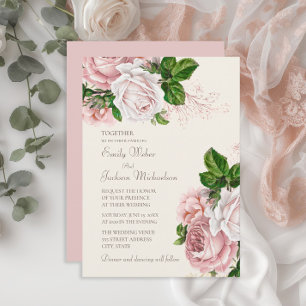 Invitation Jardin Élégant Fleurs Roses Blush Crème Mariage