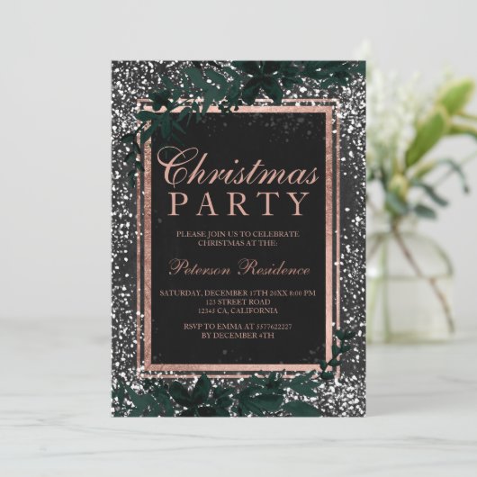 Invitation Jardin en or rose feuille neige tableau noir Noël (Debout devant)