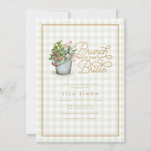 Invitation Jardin En vichy Sage Gold Fête des mariées Brunch (Devant)