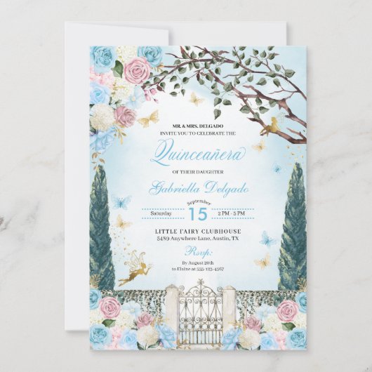Invitation Jardin enchanté bleu et rose Fée Quinceanera (Devant)