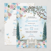 Invitation Jardin enchanté bleu et rose Fée Quinceanera (Devant / Derrière)