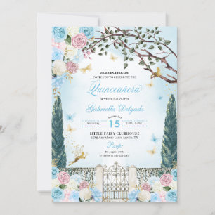 Invitation Jardin enchanté bleu et rose Fée Quinceanera