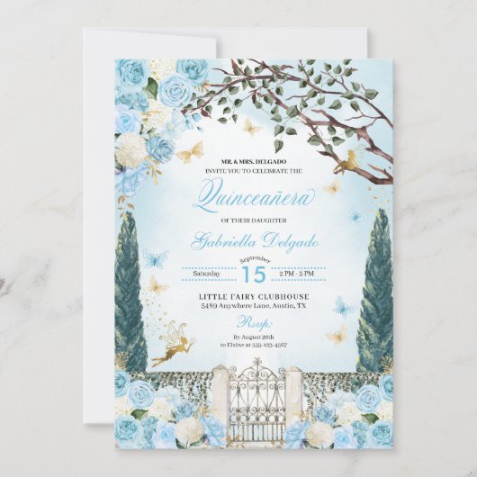 Invitation Jardin enchanté de fées bleues Quinceanera (Devant)