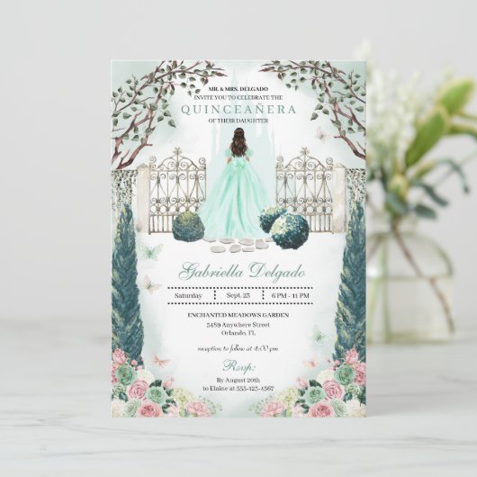 Invitation Jardin enchanté de Mint Green Blush Quinceanera (Debout devant)