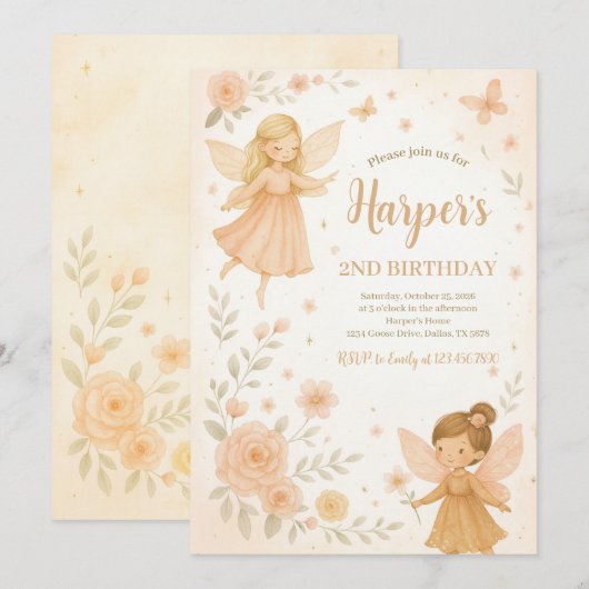 Invitation Jardin enchanté Fée Anniversaire (Devant / Derrière)