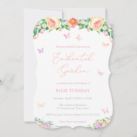 Invitation Jardin enchanté papillon Fille fête d'anniversaire (Devant)