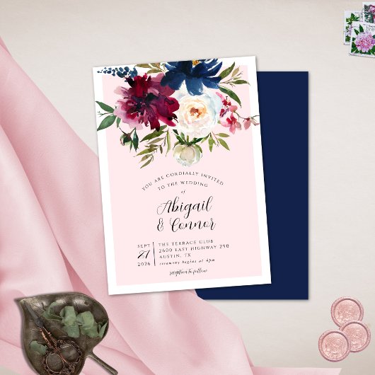 Invitation Jardin enchanté Rose Blush Burgundy Navy
