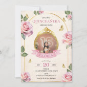 Invitation Jardin enchanté Rose Roses Or Photo Quinceanera (Devant)