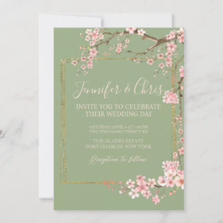 Invitation Jardin Enchanté Vert Sauge & Fleur de Cerisier Ros