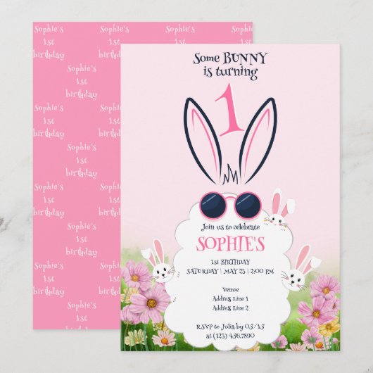 Invitation Jardin Fleur Lapin Rose Printemps Été Anniversaire (Devant / Derrière)