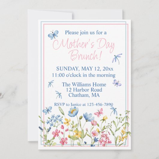 Invitation Jardin Fleur sauvage bleu et rose Fête des mères B (Devant)