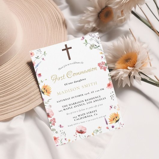 Invitation Jardin Fleur sauvage élégant Première Communion Sa