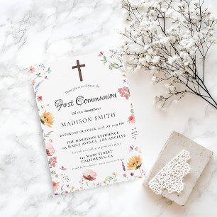 Invitation Jardin Fleur sauvage élégant Première Communion Sa