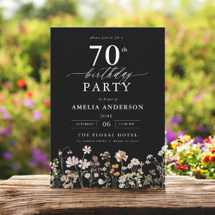 Invitation Jardin Fleur sauvage noir Floral 70e anniversaire