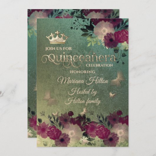 Invitation Jardin fleuri à papillon vert ombre Quinceañera (Devant / Derrière)