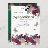 Invitation Jardin fleuri aux papillons Quinceañera vert (Devant / Derrière)