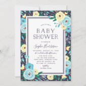 Invitation Jardin fleuri Baby shower bleu floral (Devant)