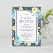Invitation Jardin fleuri Baby shower bleu floral (Debout devant)