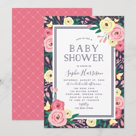 Invitation Jardin fleuri Baby shower rose floral (Devant / Derrière)