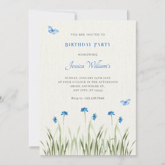 Invitation Jardin fleuri bleu aquarelle (Devant)