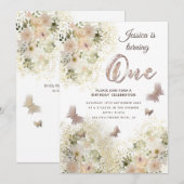 Invitation Jardin fleuri chic et doux papillon 1er anniversai (Devant / Derrière)
