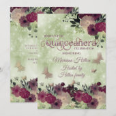 Invitation Jardin fleuri de papillon bokeh vert Quinceañera (Devant / Derrière)