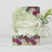 Invitation Jardin fleuri de papillon bokeh vert Quinceañera (Debout devant)