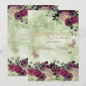 Invitation Jardin fleuri de papillon bokeh vert Quinceañera (Devant / Derrière)