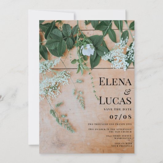 Invitation Jardin fleuri en bois clair rustique mariage (Devant)