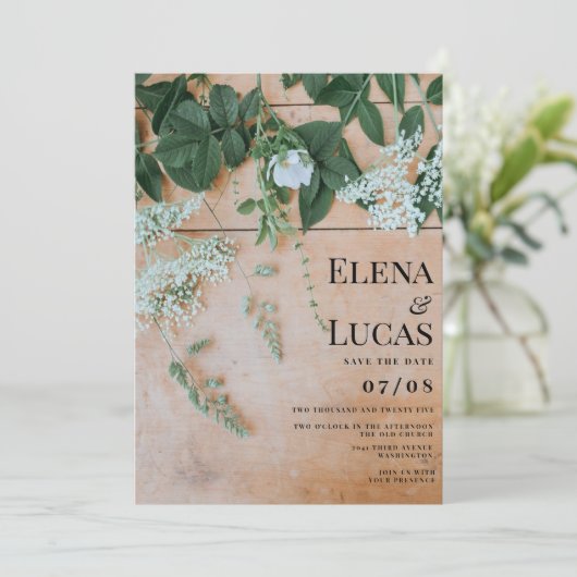 Invitation Jardin fleuri en bois clair rustique mariage (Debout devant)