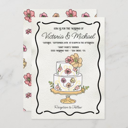 Invitation Jardin fleuri fleur sauvage Mariage Gâteau Main de (Devant / Derrière)