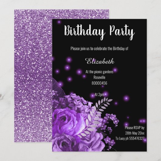 INVITATION JARDIN FLEURI NOIR ET ÉTONNANT ANNIVERSAIRE (Devant / Derrière)