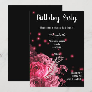 INVITATION JARDIN FLEURI ROSE NOIR ÉLÉGANT ANNIVERSAIRE