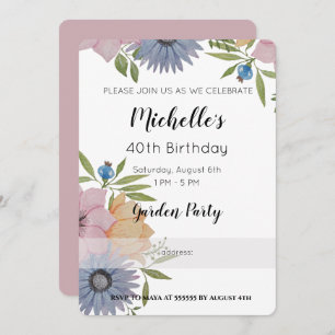 Invitation Jardin Fleurs aquarelles d'anniversaire