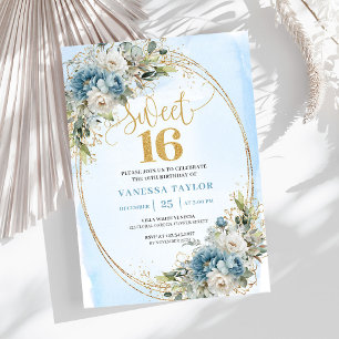 Invitation Jardin Fleurs Bleu Poussiéreux Sweet 16e Anniversa