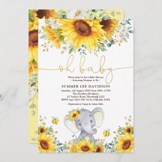 Invitation Jardin Fleurs de soleil Elephant Baby shower neutr (Devant / Derrière)