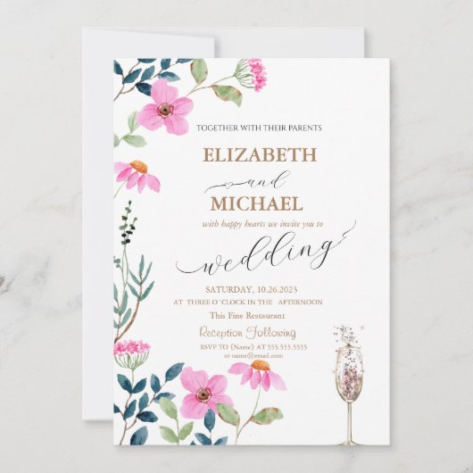 Invitation Jardin Fleurs roses Champagne Mariage en verre (Devant)
