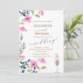 Invitation Jardin Fleurs roses Champagne Mariage en verre (Debout devant)