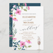 Invitation Jardin Fleurs roses Champagne Mariage en verre (Devant / Derrière)