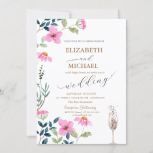 Invitation Jardin Fleurs roses Champagne Mariage en verre
