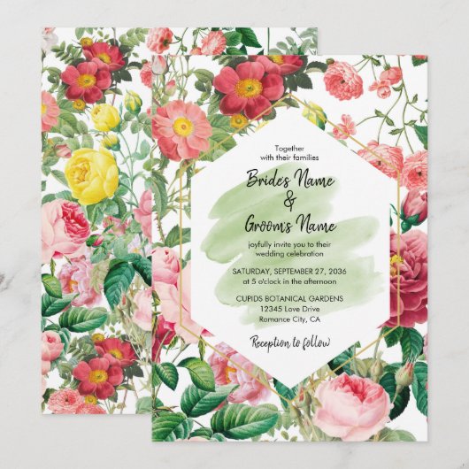 Invitation Jardin floral, aquarelle et Mariage géométrique (Devant / Derrière)