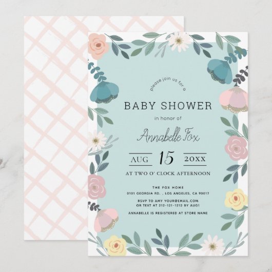 Invitation Jardin Floral Baby shower bleu clair (Devant / Derrière)
