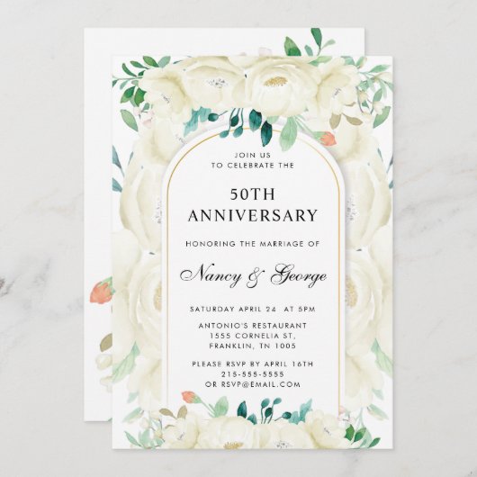 Invitation Jardin floral blanc 50e anniversaire du Mariage (Devant / Derrière)