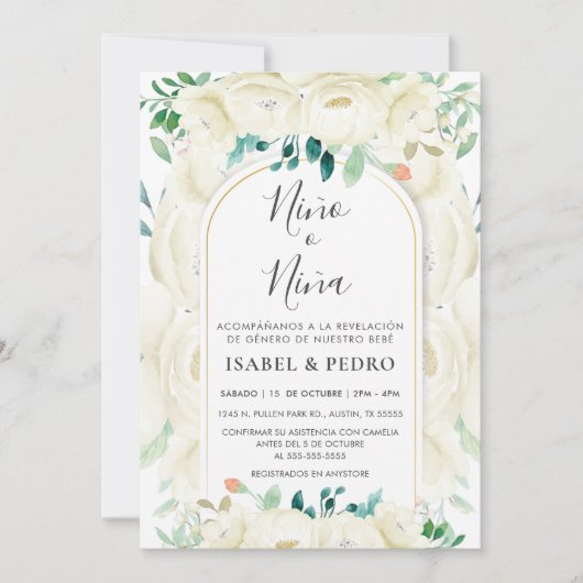 Invitation Jardin Floral Blanc Moderne Espagnol Sexe Révéler (Devant)